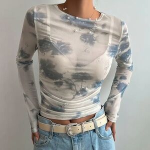 Stylish Blue and Gray floral Women's long sleeve Top